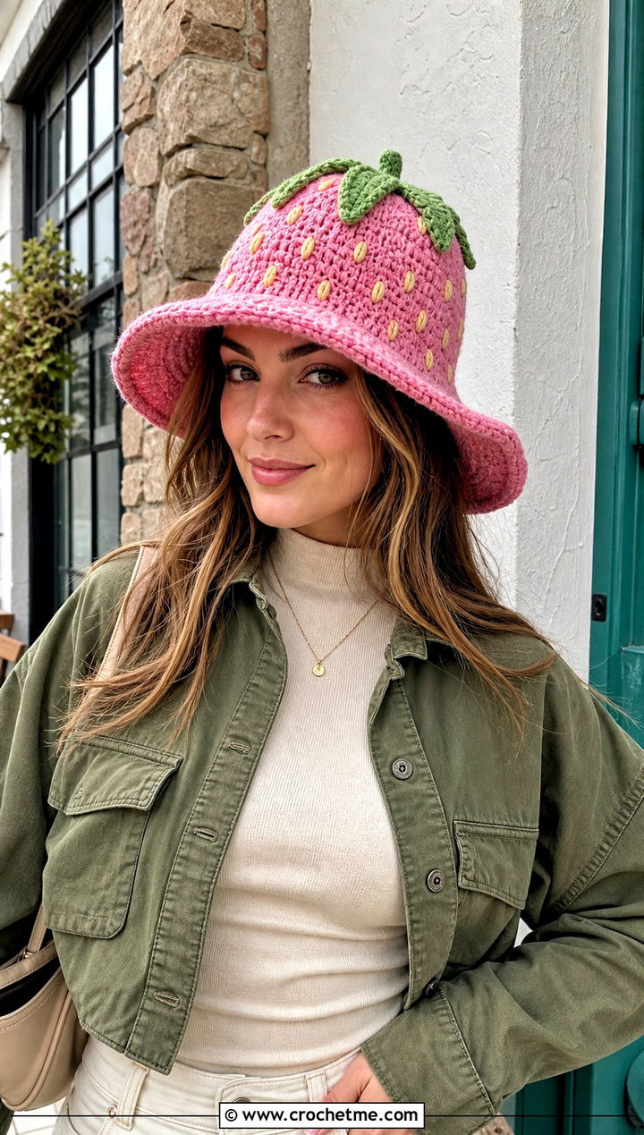 Floppy Brim Strawberry Crochet Hat With Flared Jeans - 30 strawberry crochet hat outfit ideas