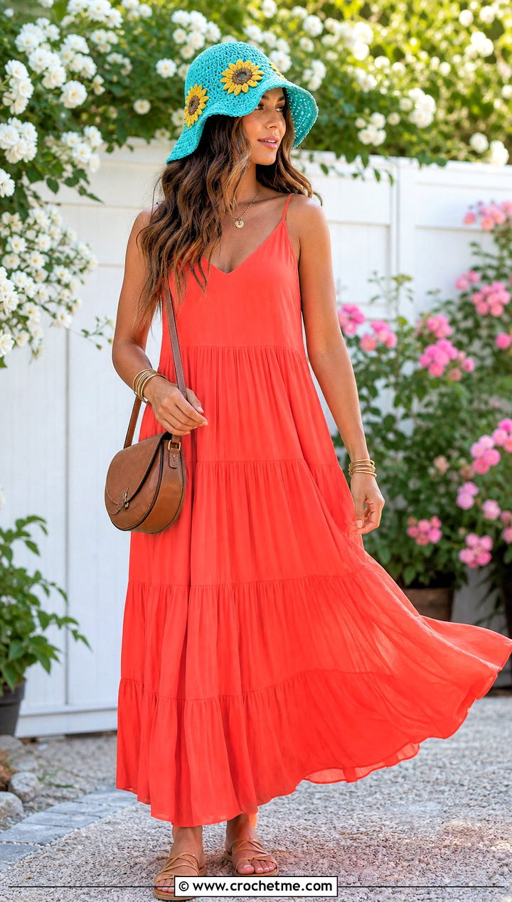 Floppy Brim Sunflower Bucket Hat With Tiered Maxi Dress - 35 crochet sunflower bucket hat outfit ideas