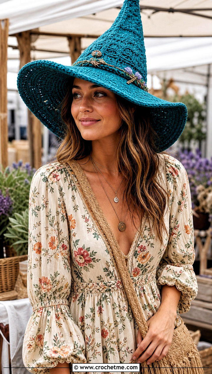 Floppy Brim Witchs Crochet Hat With Prairie Dress - 15 Witch's Crochet Hat outfit ideas