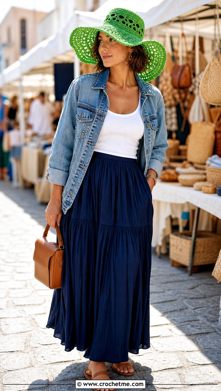 Floppy Crochet Hat With Maxi Skirt - 25 Crochet Hats With Brim outfit ideas
