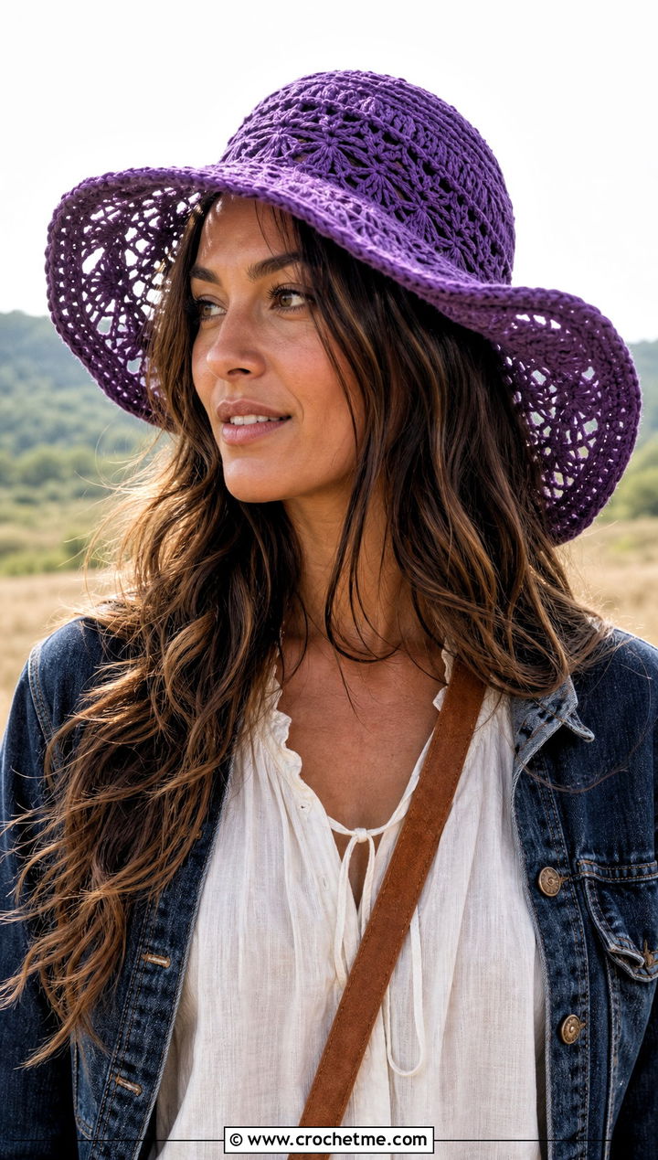 Floppy Crochet Hat With Peasant Blouse And Flared Jeans - 30 Quick And Easy Crochet Hat outfit ideas