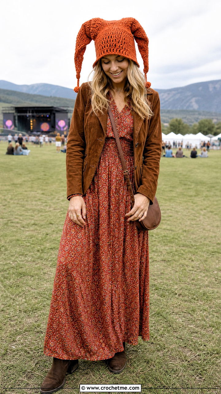 Floppy Crochet Jester Hat With Boho Maxi Dress - 35 crochet jester hat outfit ideas