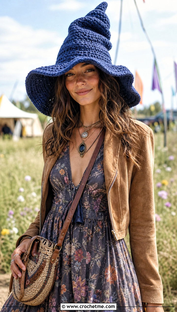 Floppy Crochet Sorting Hat With Boho Maxi Dress - 35 crochet sorting hat outfit ideas