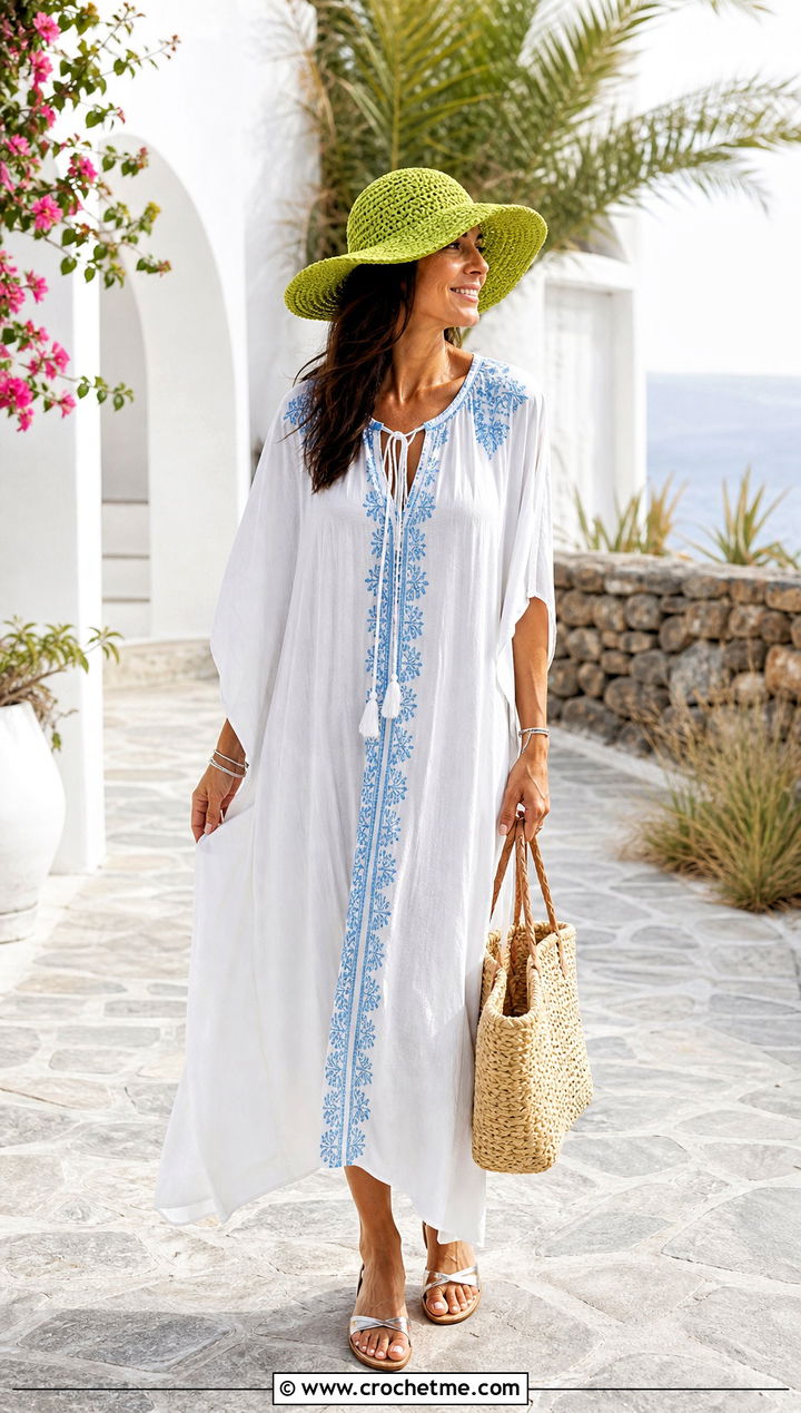 Floppy Crochet Sun Hat With A Long Kaftan Dress - 35 simple crochet hat outfit ideas