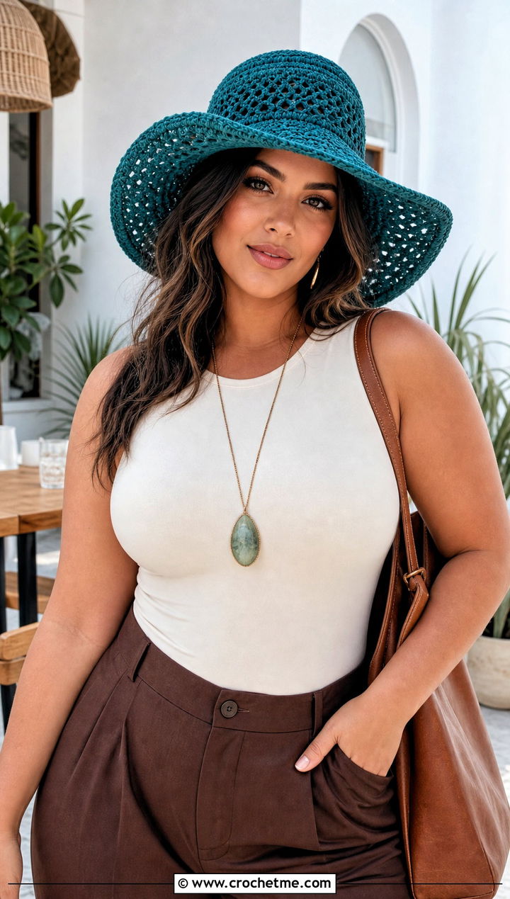 Floppy Crochet Sun Hat With Wide Leg Pants - 30 Crochet Womens Hat outfit ideas