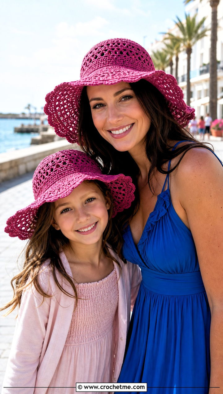Floppy Crochet Sun Hats With Maxi Dresses - 20 Mother Daughter Crochet Hats outfit ideas