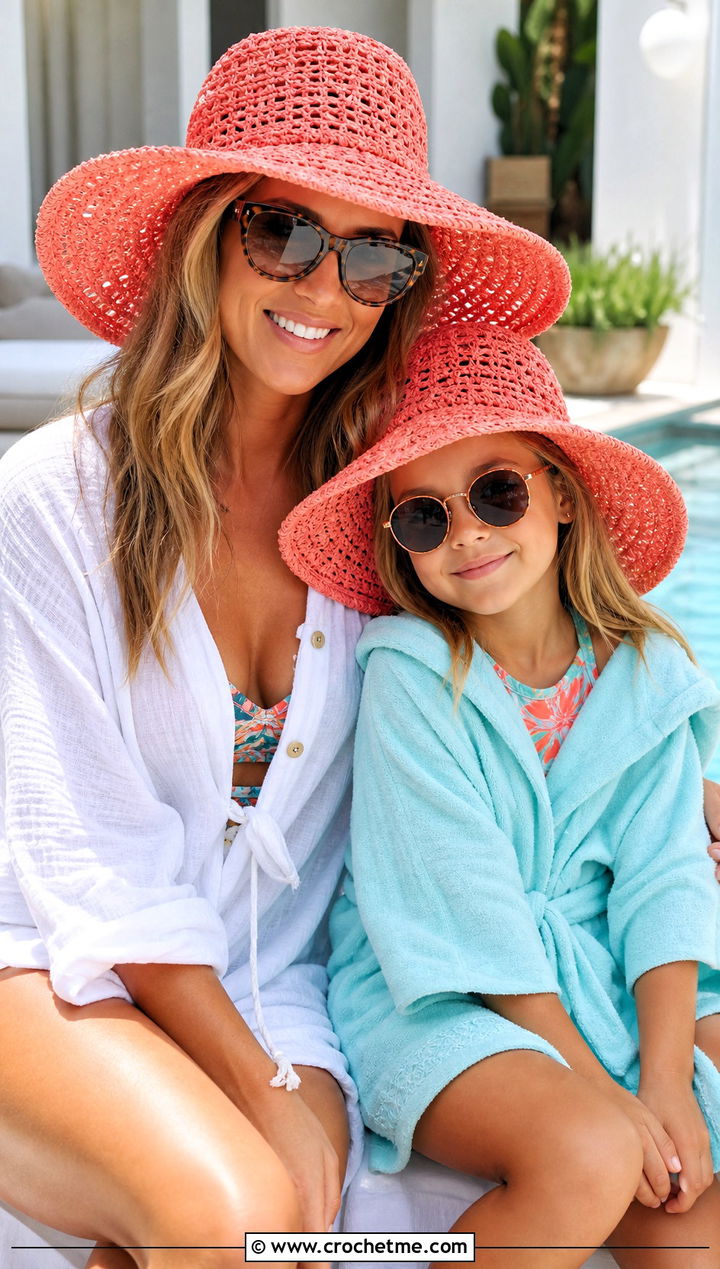 Floppy Crochet Sun Hats With Swimsuit Cover Ups - 25 crochet mommy and me hats outfit ideas