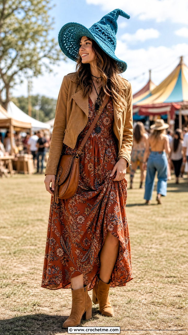 Floppy Crochet Witch Hat With Boho Maxi Dress - 35 crochet witch hat outfit ideas