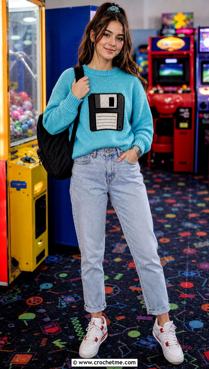 Floppy Disk Crochet Mabel Pines Sweater With Mom Jeans - 30 crochet mabel pines sweater outfit ideas