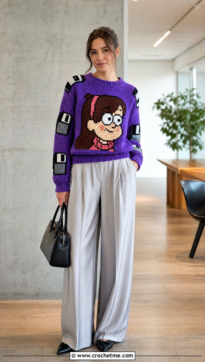 Floppy Disk Crochet Mabel Pines Sweater With Wide Leg Trousers - 15 Crochet Mable Pines Sweater outfit ideas