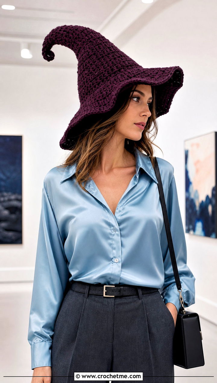 Floppy Fairy Witch Hat With Satin Blouse And Tailored Pants - 20 Crochet Fairy Hat outfit ideas
