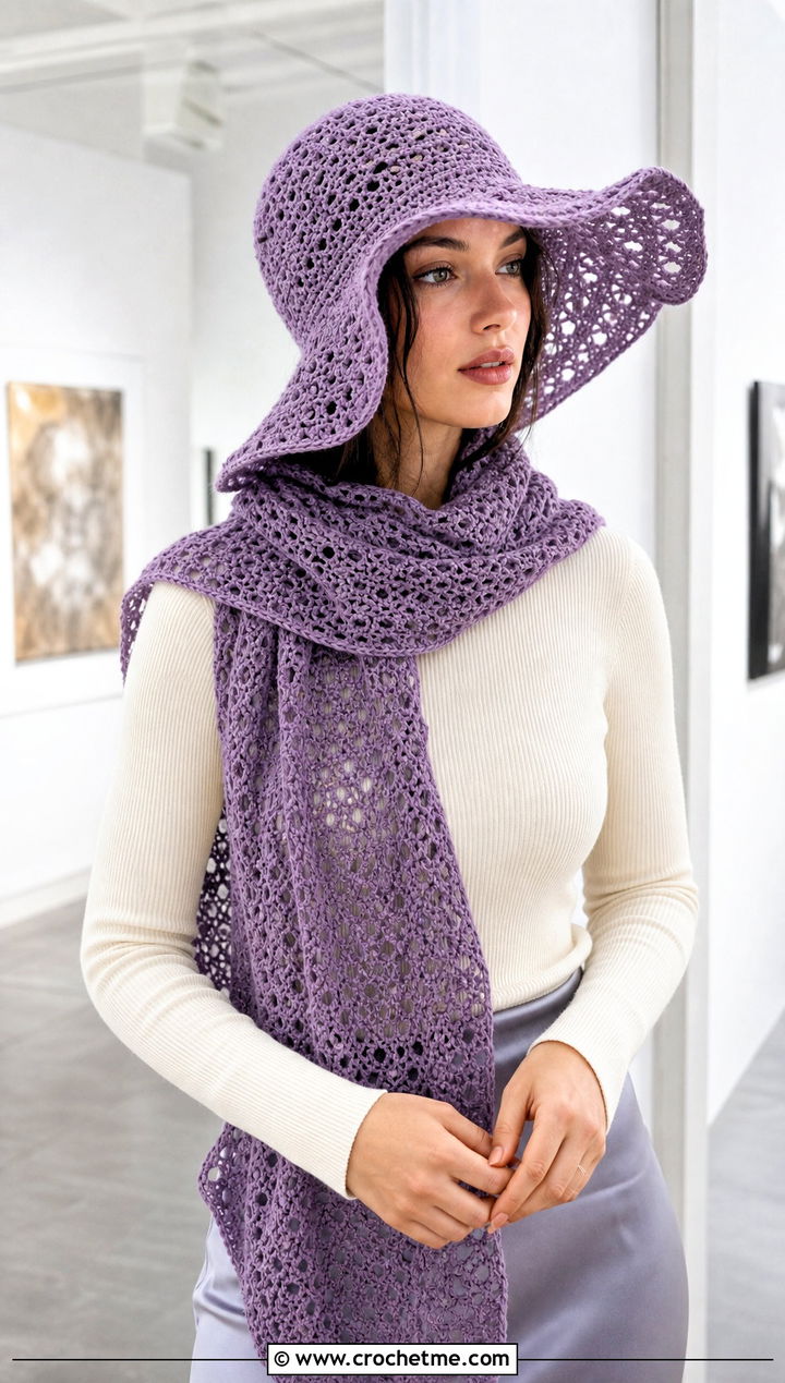 Floppy Hat And Wrap Scarf With Satin Skirt - 30 crochet hat and scarf outfit ideas