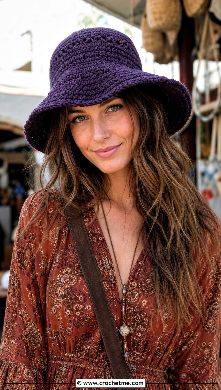 Floppy Purple Crochet Bucket Hat With Boho Maxi Dress - 30 purple crochet bucket hat outfit ideas