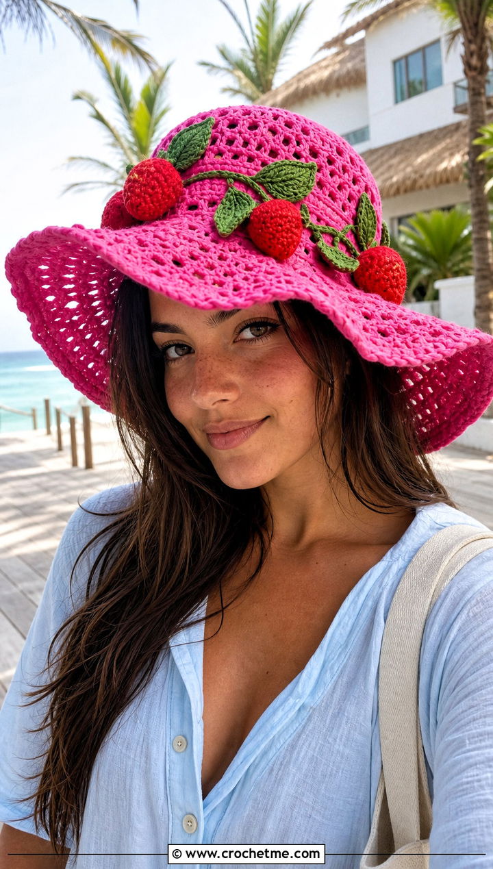 Floppy Strawberry Shortcake Hat With Beach Cover Up - 30 crochet strawberry shortcake hat outfit ideas