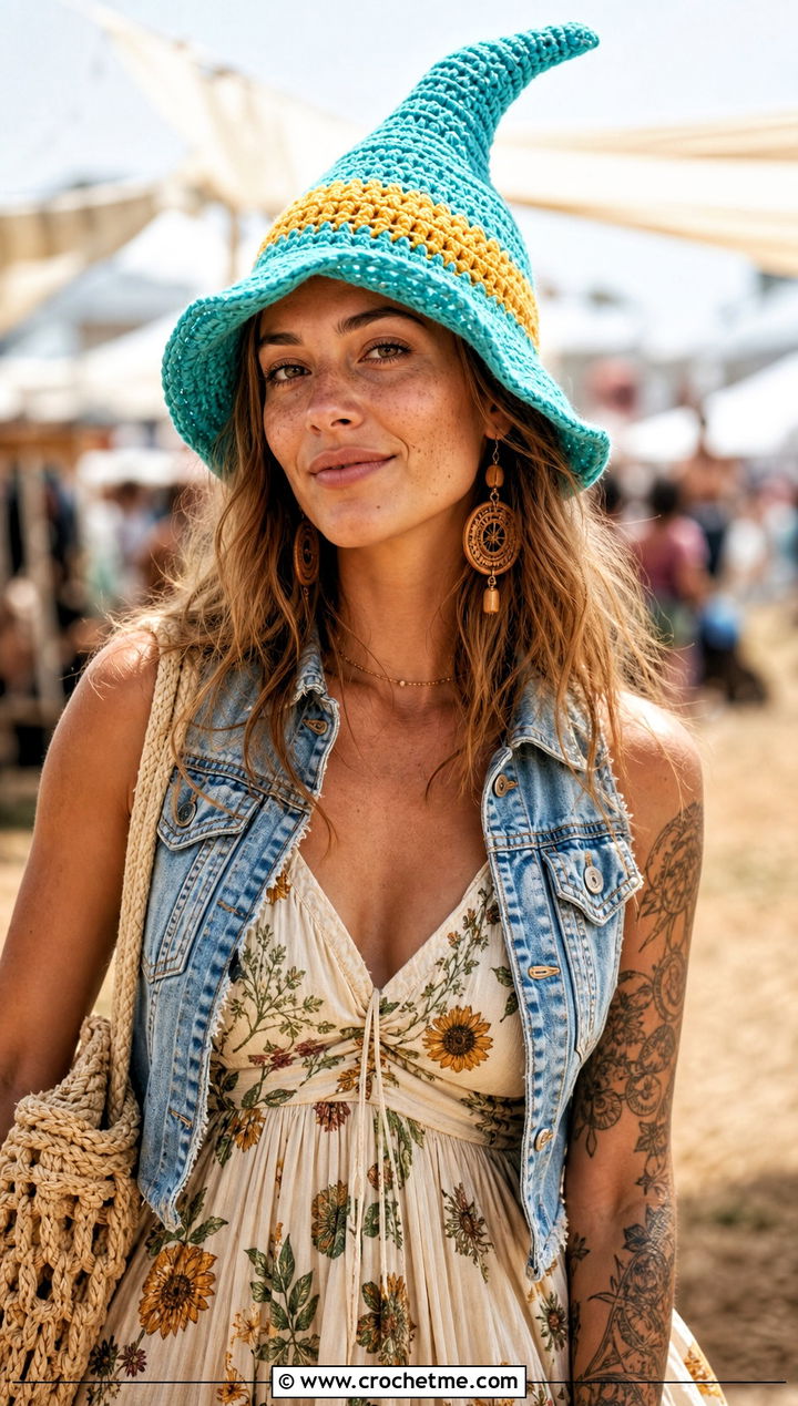 Floppy Tip Crochet Traffic Cone Hat With Boho Maxi Dress - 25 crochet traffic cone hat outfit ideas
