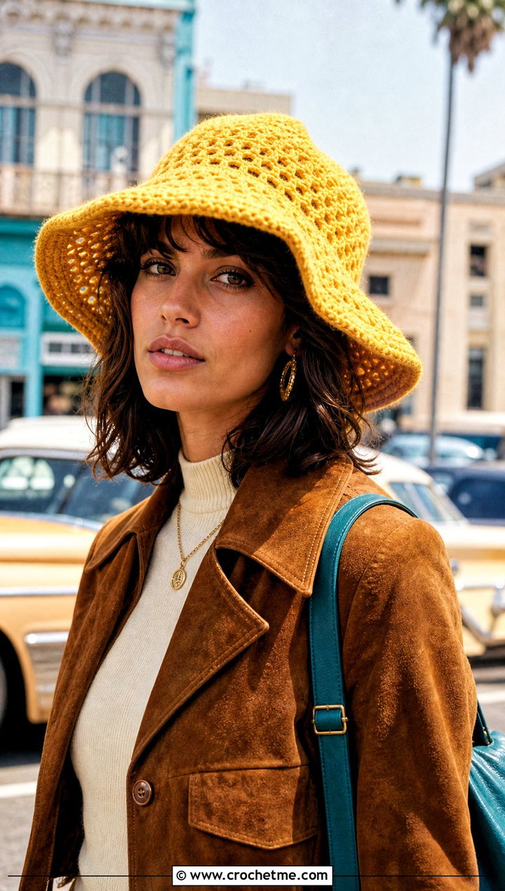 Floppy Yellow Crochet Bucket Hat With Flared Jeans - 30 yellow crochet bucket hat outfit ideas
