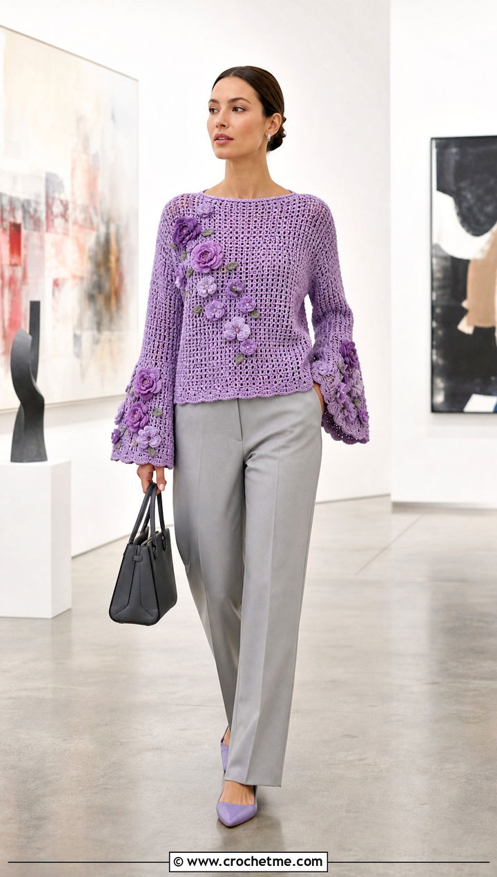 Floral Applique Bell Sleeve Crochet Sweater With Straight Trousers - 25 crochet sweater bell sleeves outfit ideas