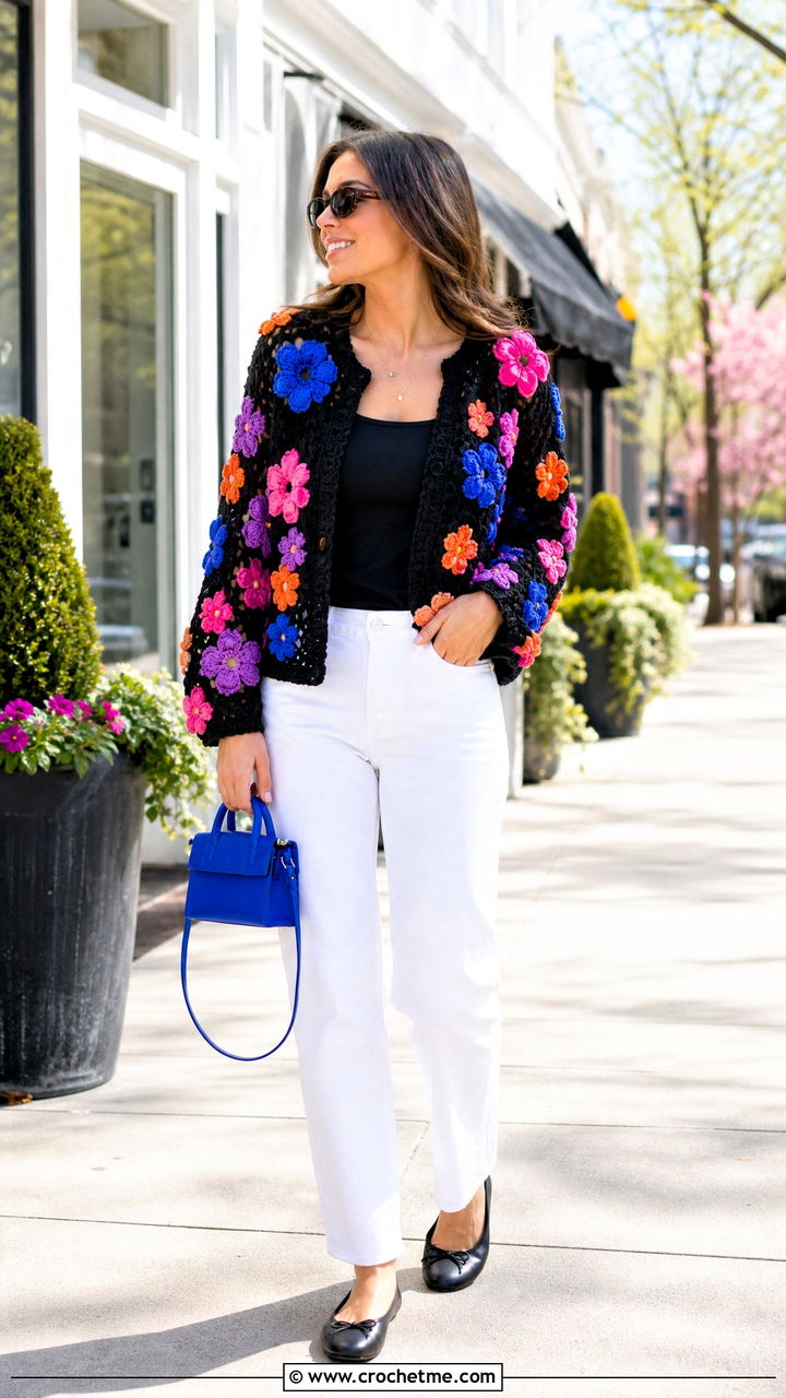 Floral Applique Black Crochet Cardigan With White Jeans - 35 black crochet cardigan outfit ideas