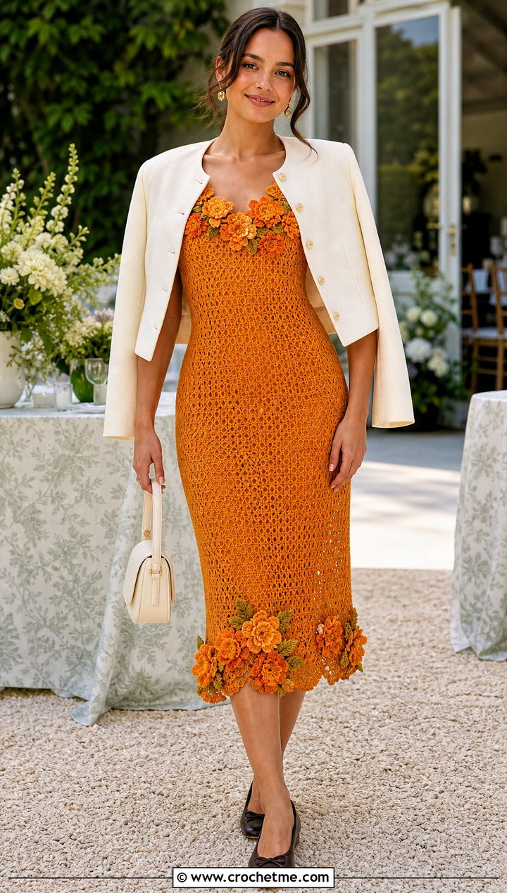 Floral Applique Bodycon Crochet Dress With Ballet Flats - 25 bodycon crochet dress outfit ideas
