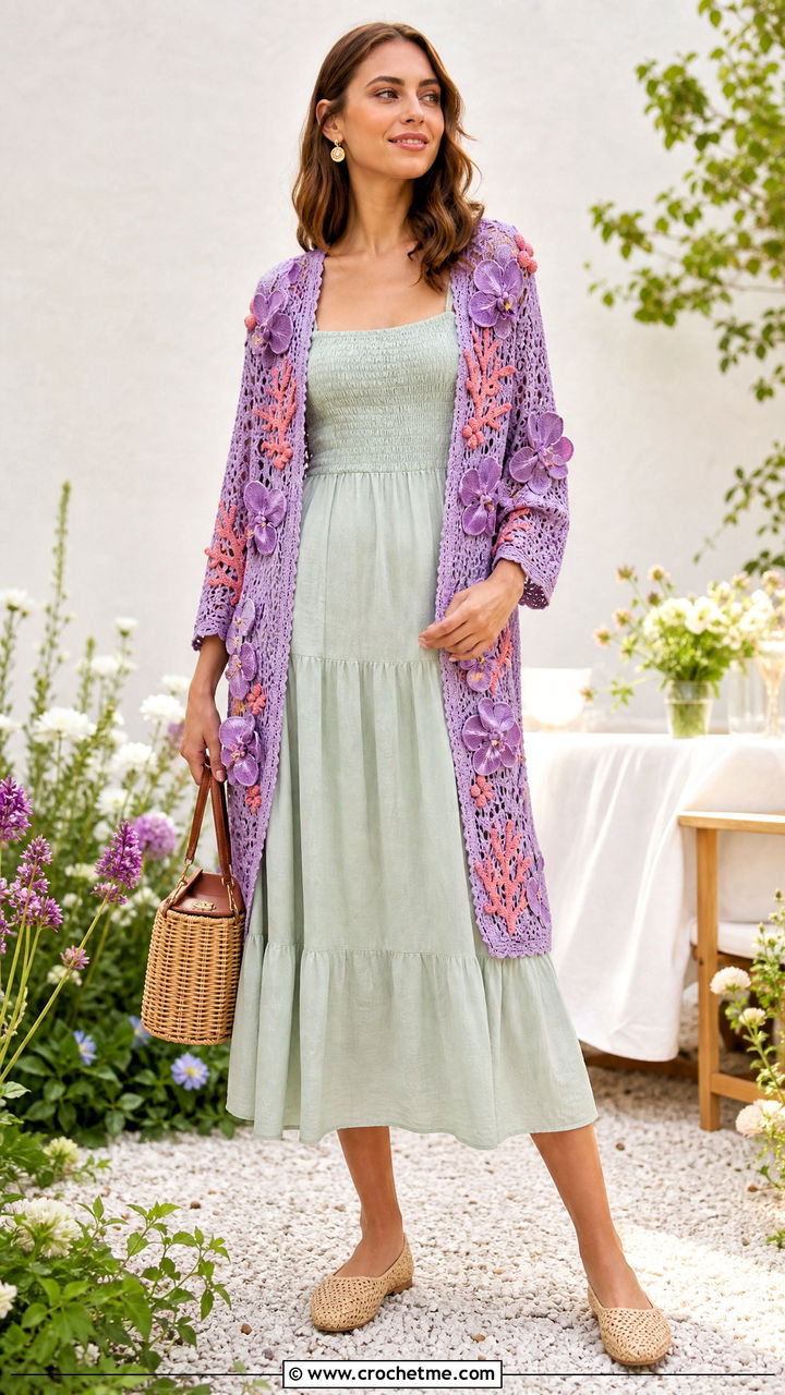 Floral Applique Boho Crochet Cardigan With Cotton Sundress - 35 Boho Crochet Cardigan outfit ideas