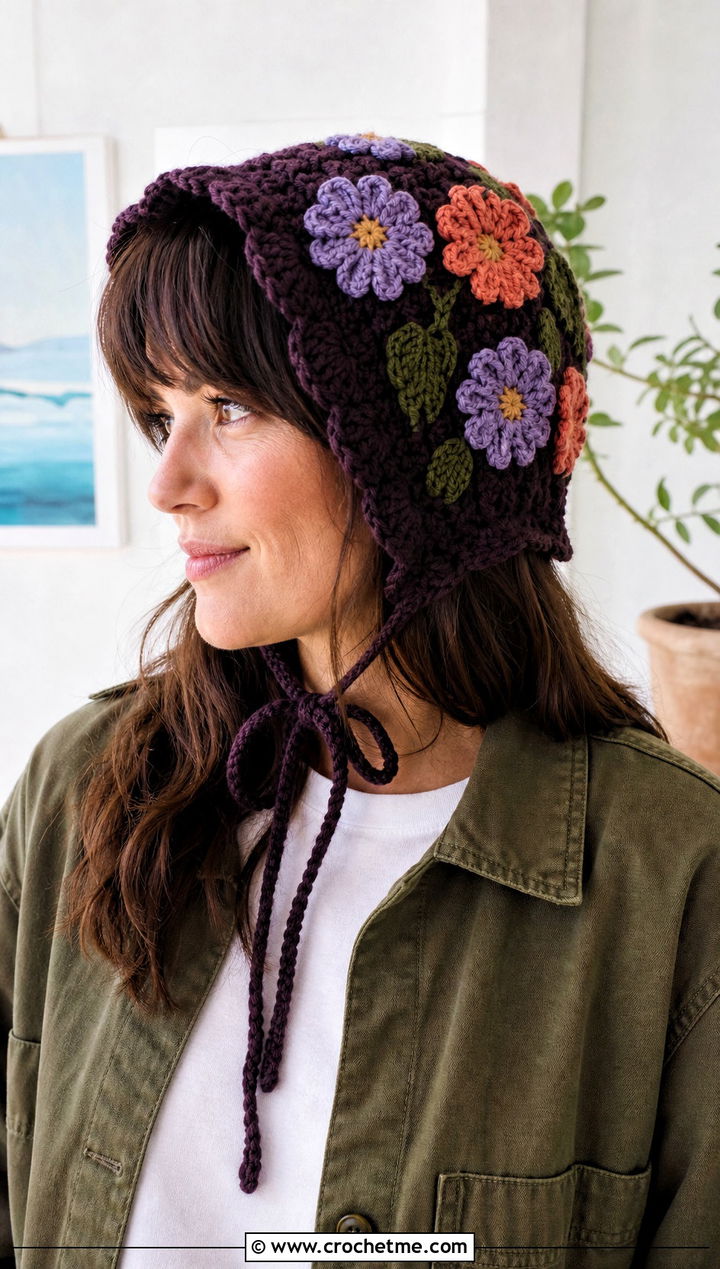Floral Applique Bonnet With Chore Jacket - 25 Crochet Hair Bonnet outfit ideas