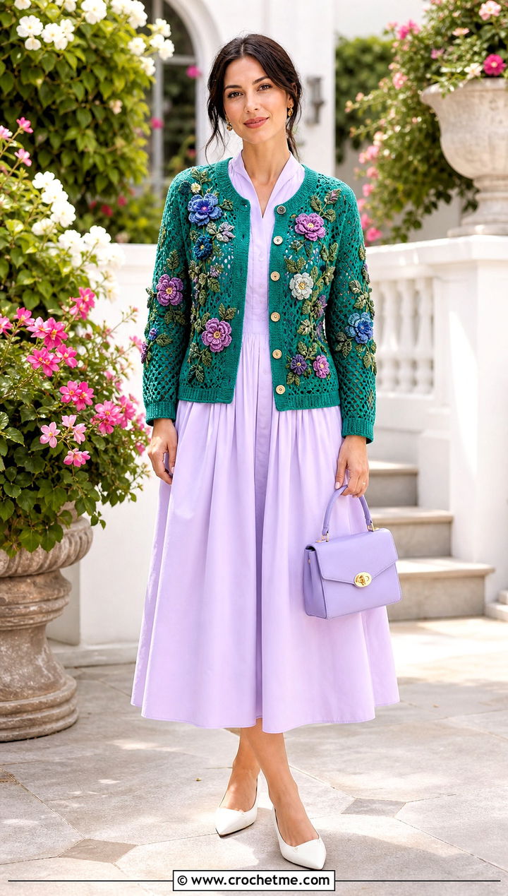 Floral Applique Button Cardigan With Poplin Midi Dress - 25 Crochet Button Cardigan outfit ideas