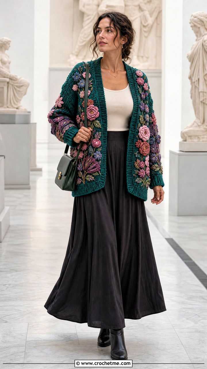 Floral Applique Cardigan With Maxi Skirt - 35 chunky crochet cardigan outfit ideas