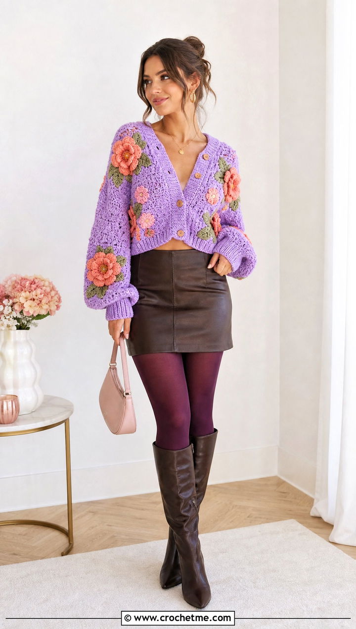 Floral Applique Chunky Crochet Crop Cardigan With Mini Skirt - 25 Chunky Crochet Crop Cardigan outfit ideas