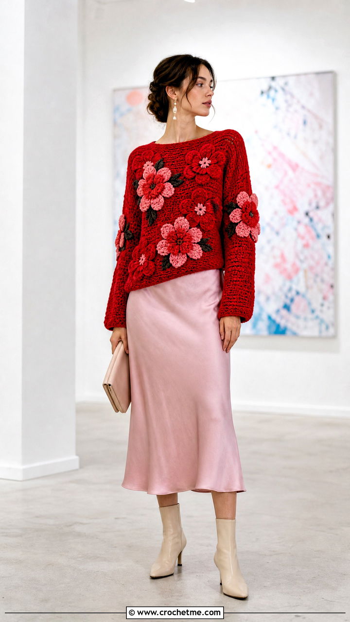 Floral Applique Chunky Crochet Jumper With Bias Cut Midi Skirt - 35 chunky crochet jumper outfit ideas