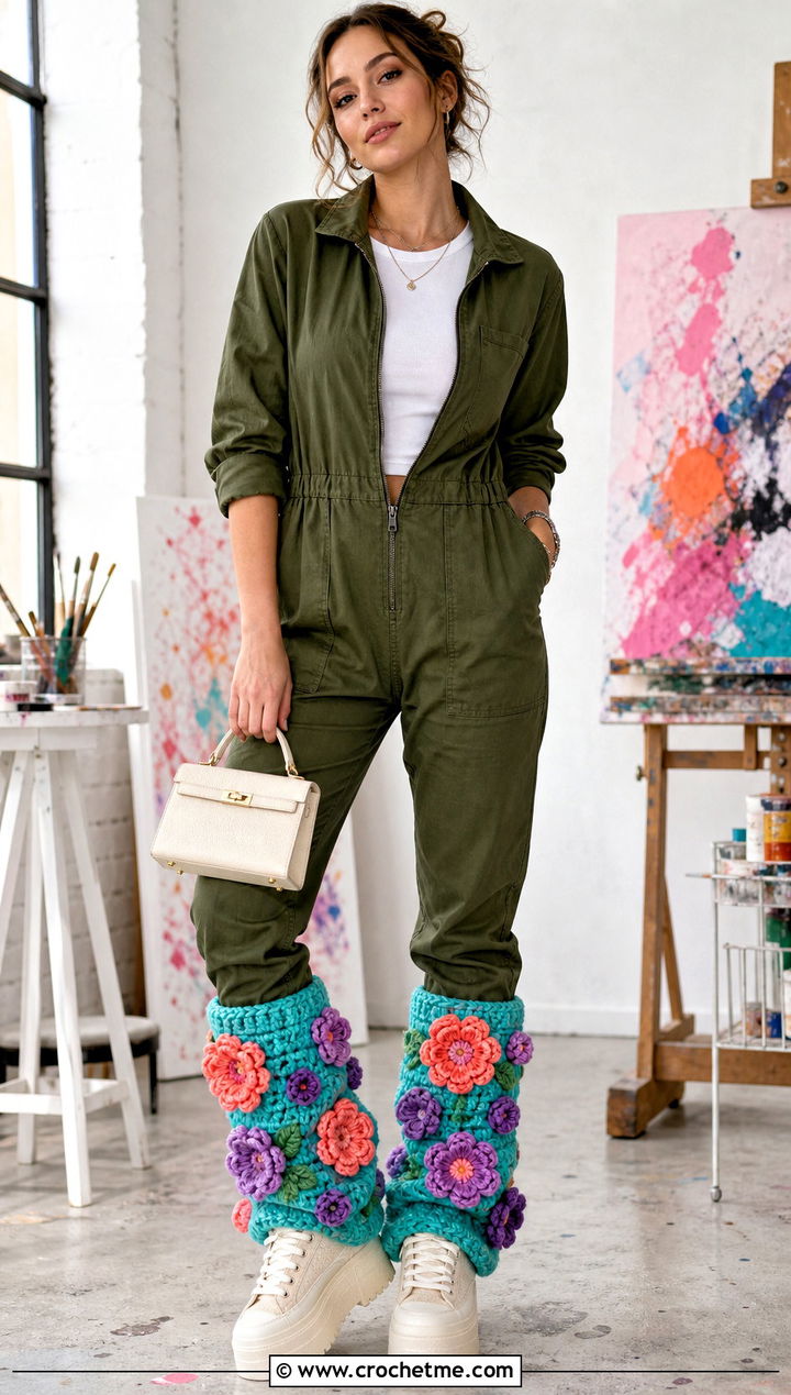 Floral Applique Chunky Crochet Leg Warmers With Boiler Suit - 25 chunky crochet leg warmers outfit ideas