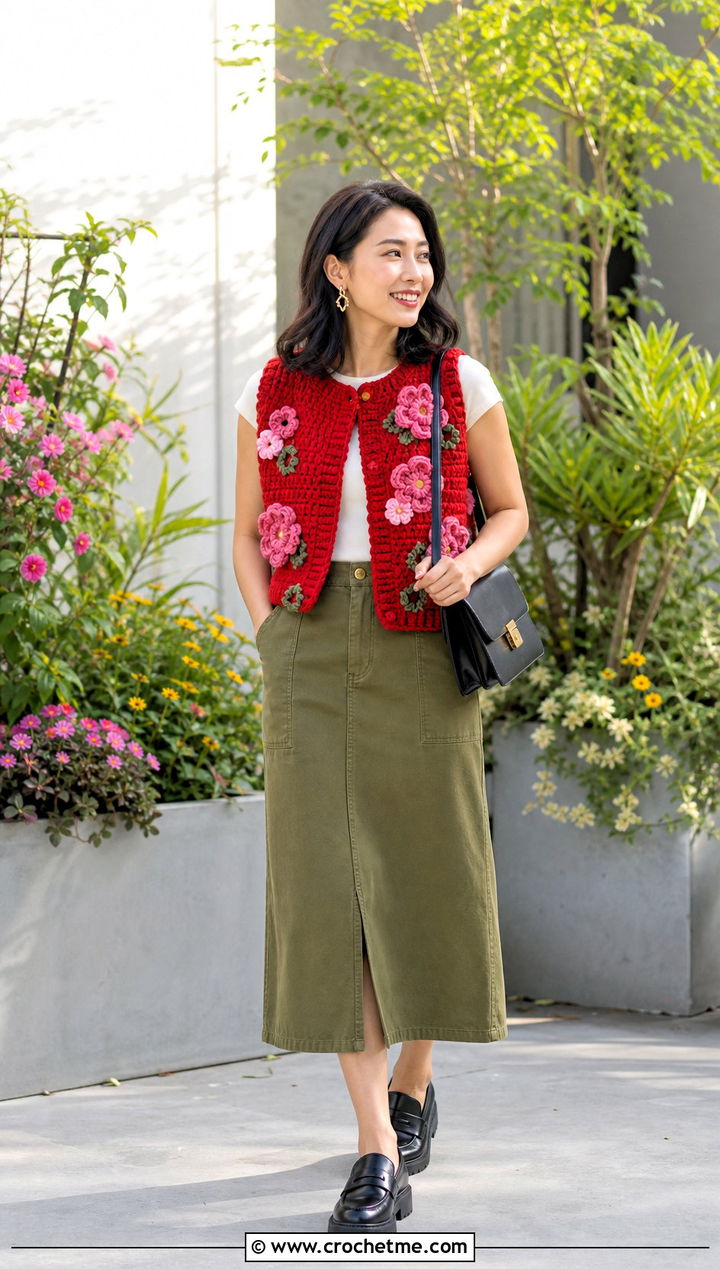 Floral Applique Chunky Crochet Vest With Utility Skirt - 20 Chunky Yarn Crochet Vest outfit ideas