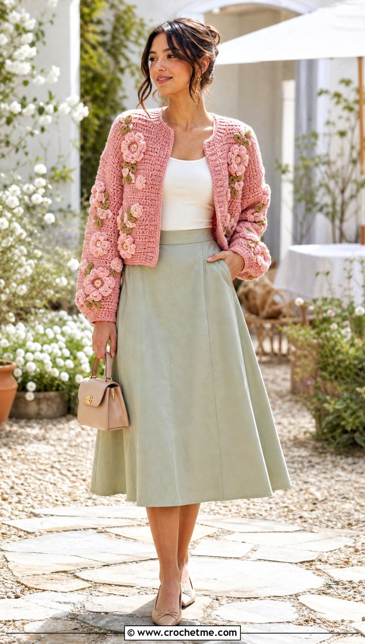 Floral Applique Chunky Cropped Cardigan With A Line Midi Skirt - 15 Crochet Chunky Cropped Cardigan outfit ideas
