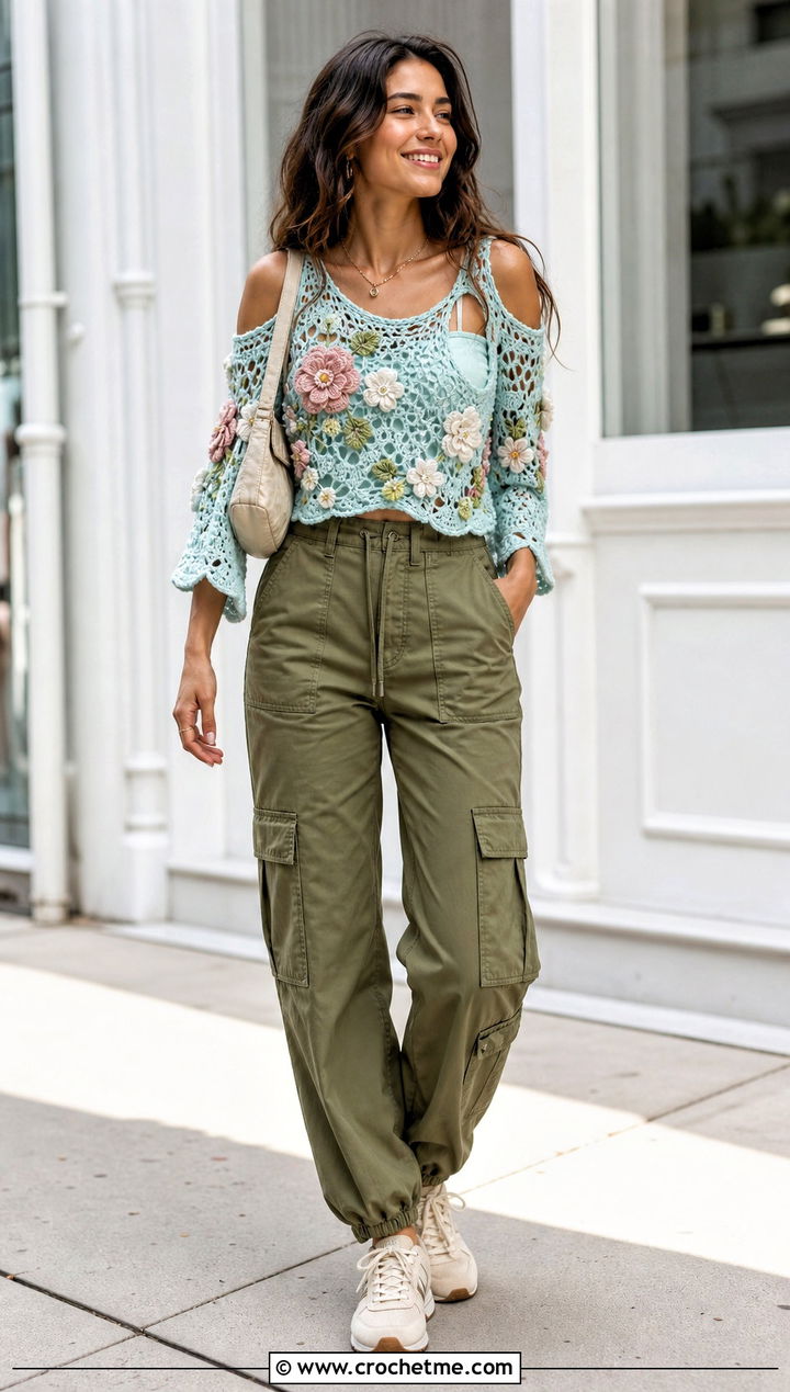 Floral Applique Cold Shoulder Crochet Top With Cargo Pants - 25 Cold Shoulder Crochet Top outfit ideas