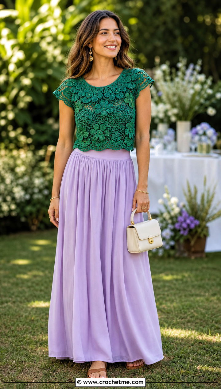 Floral Applique Collar Crochet Top With Maxi Skirt - 25 Crochet Collar Top outfit ideas