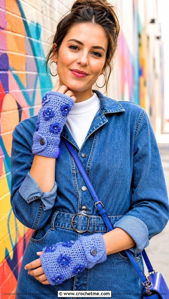 Floral Applique Convertible Crochet Gloves With Denim Jumpsuit - 15 Convertible Crochet Fingerless Gloves outfit ideas