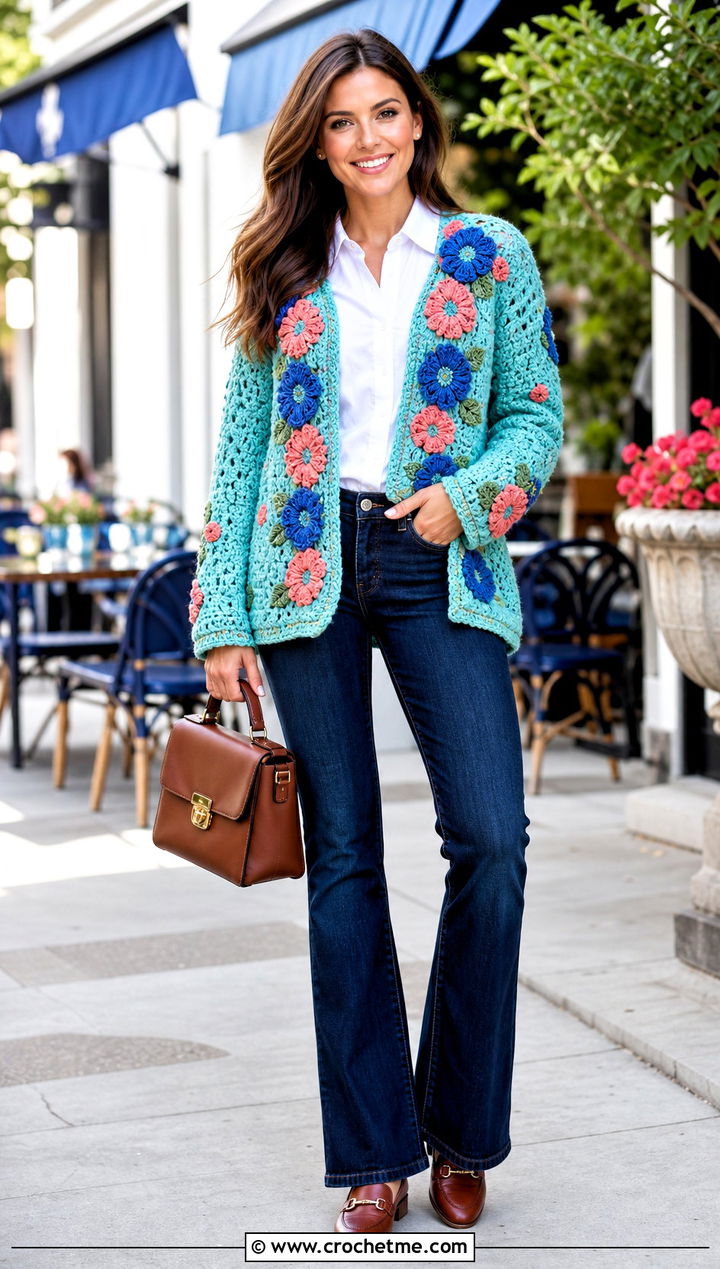 Floral Applique Couch Crochet Cardigan With A White Shirt And Jeans - 15 Couch Crochet Cardigan outfit ideas