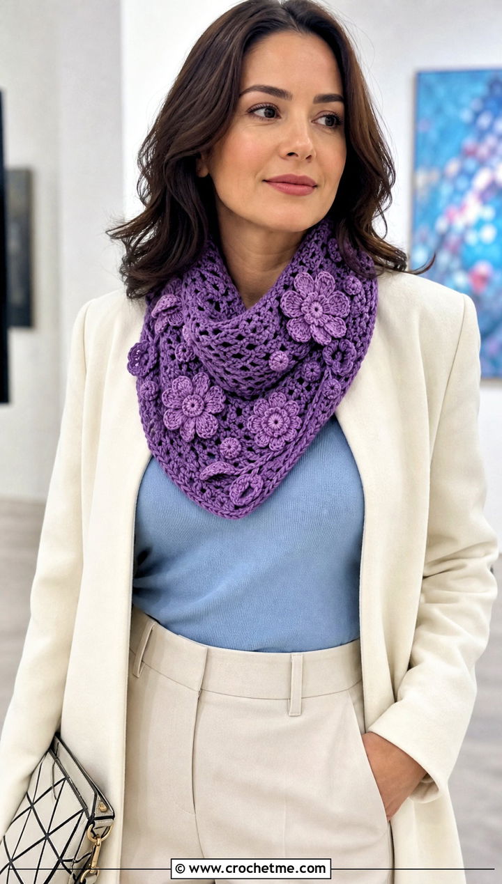 Floral Applique Cowl Neck Crochet Scarf With Minimal Coat - 25 Cowl Neck Crochet Scarf outfit ideas