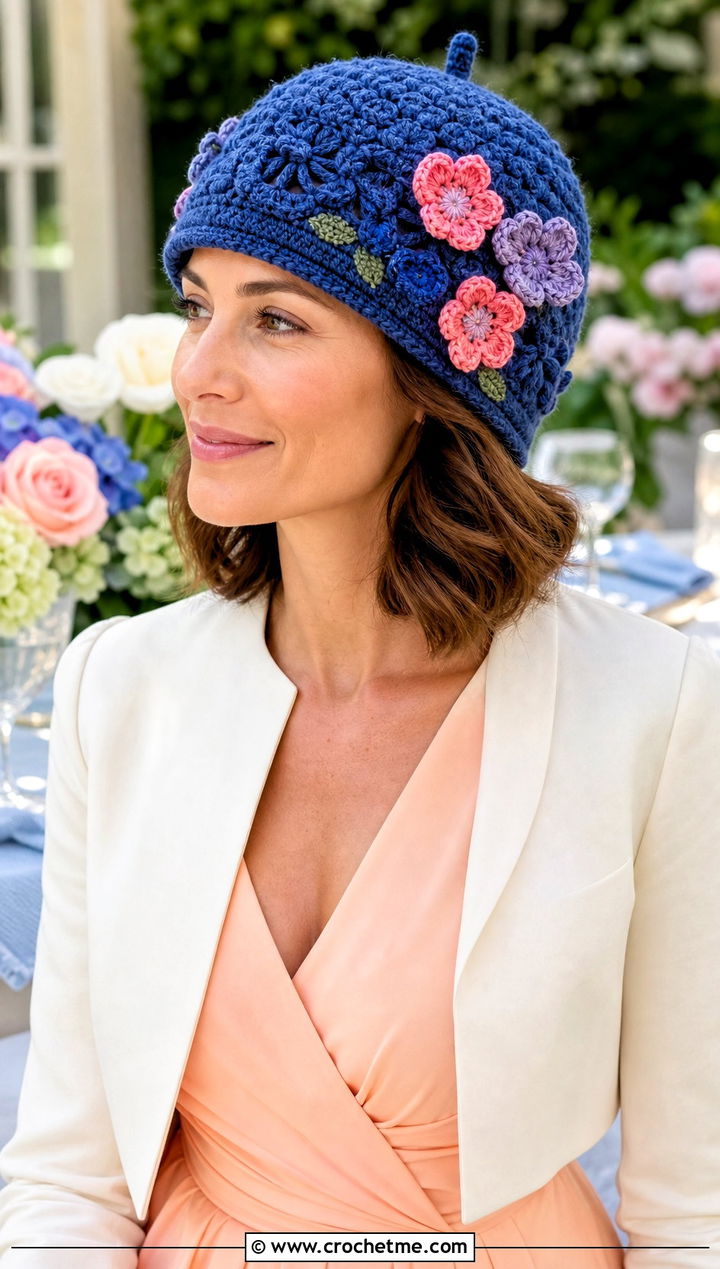 Floral Applique Crochet Acorn Hat With Wrap Dress - 30 crochet acorn hat outfit ideas