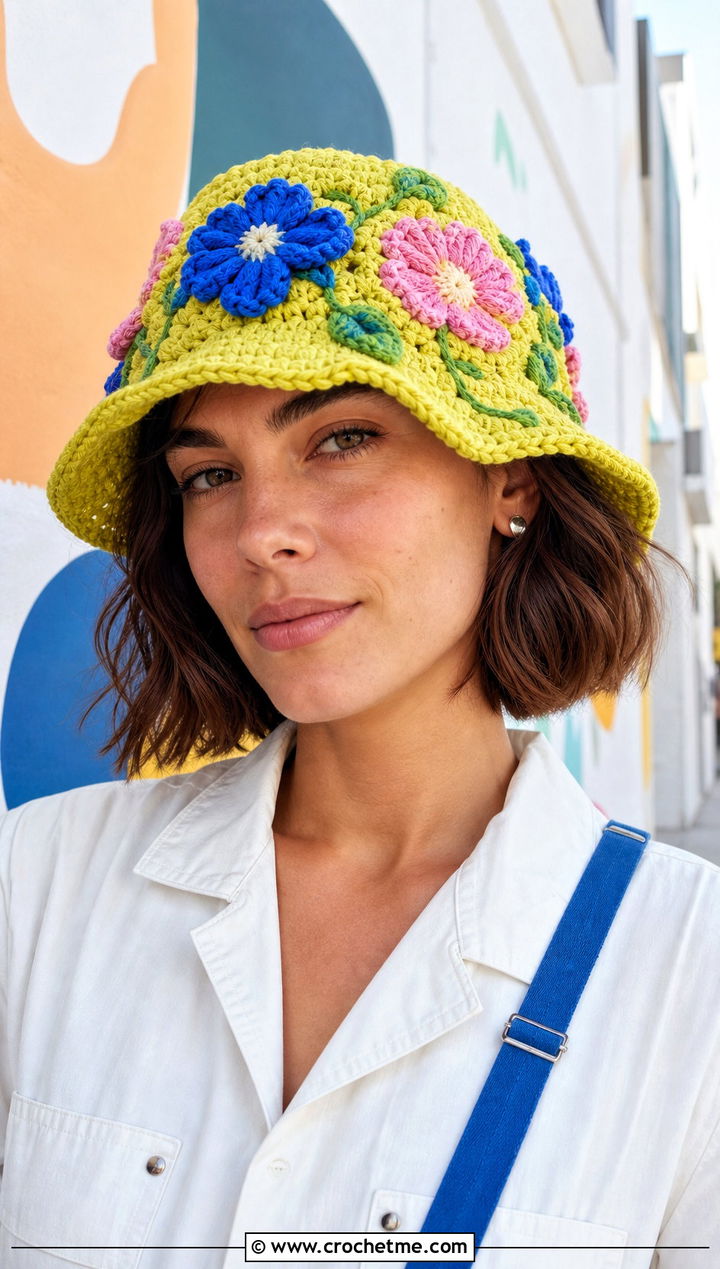 Floral Applique Crochet Adult Bucket Hat With Boiler Suit - 25 crochet adult bucket hat outfit ideas