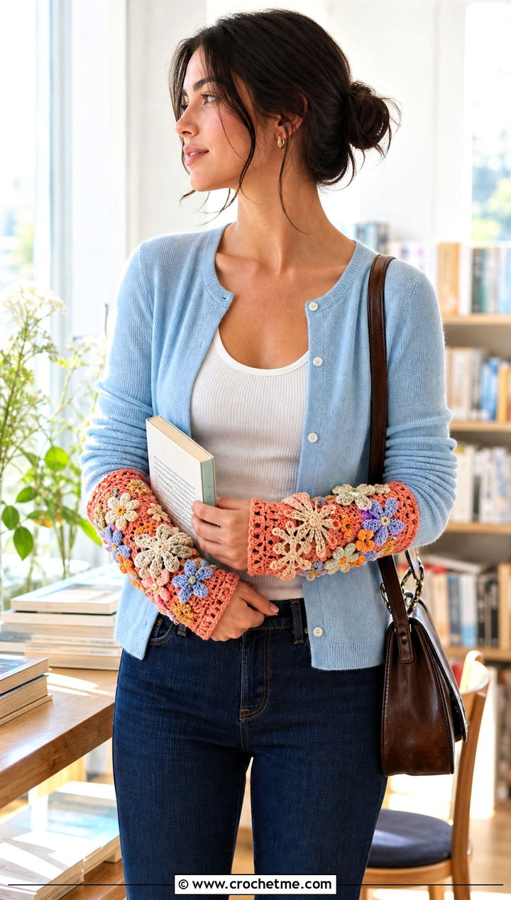 Floral Applique Crochet Arm Warmers With Cardigan And Straight Jeans - 25 Crochet Arm Warmer outfit ideas