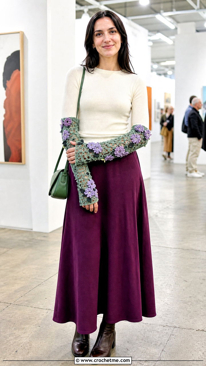 Floral Applique Crochet Arm Warmers With Maxi Skirt - 35 crochet arm warmers outfit ideas