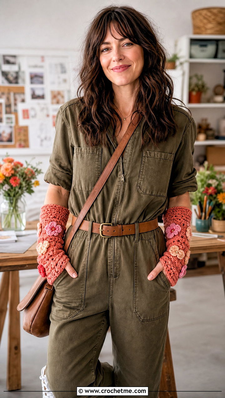 Floral Applique Crochet Arm Warmers With Utility Jumpsuit - 25 Crochet Arm Warmers Aesthetic outfit ideas