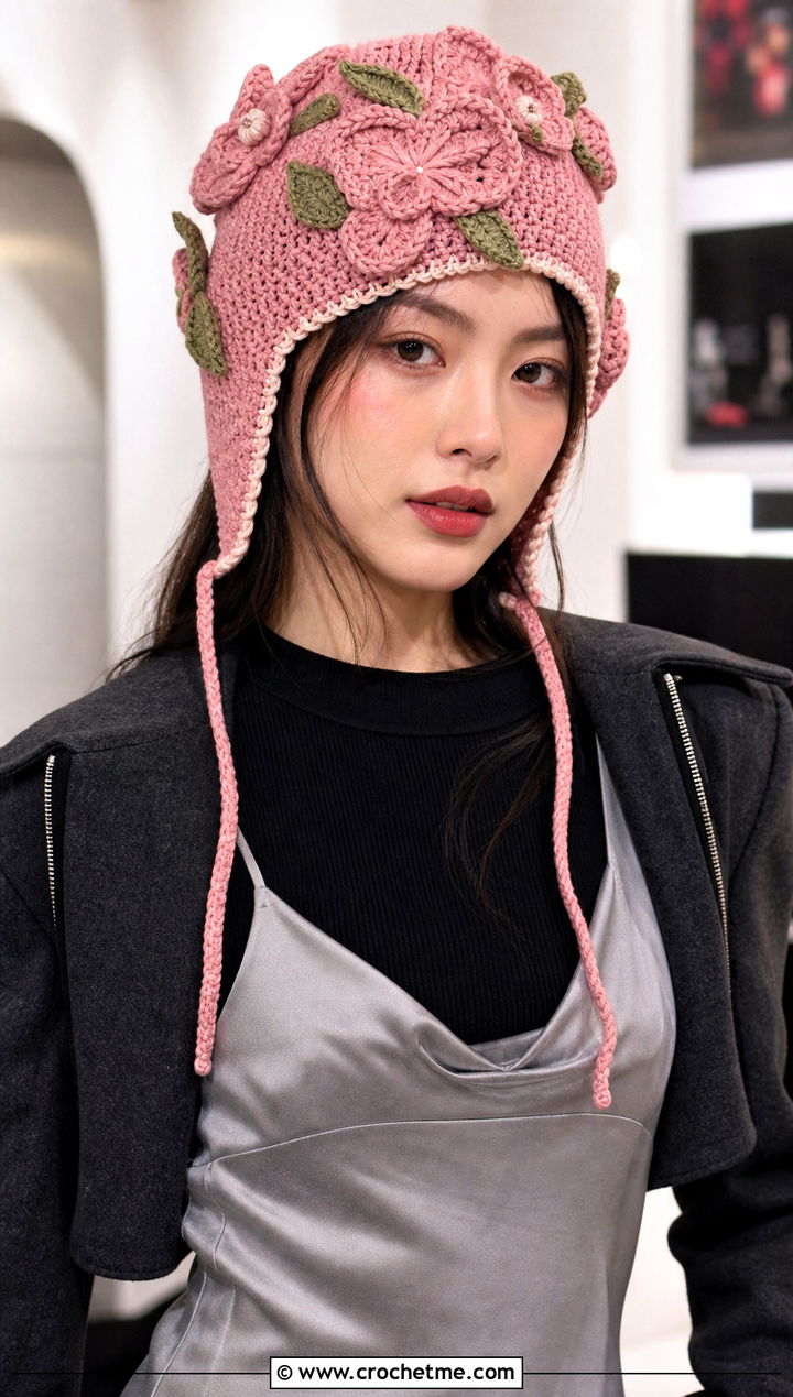 Floral Applique Crochet Aviator Hat With Slip Dress - 30 crochet aviator hat outfit ideas