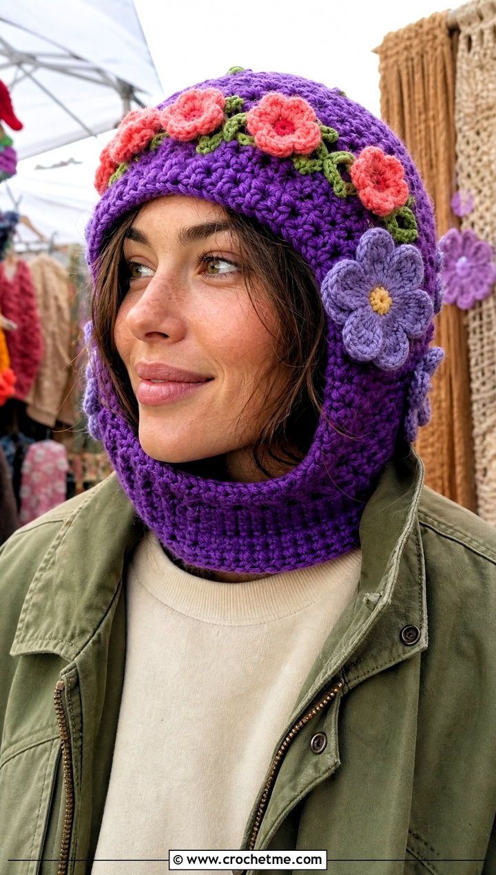 Floral Applique Crochet Balaclava Beanie With Utility Jacket - 25 crochet balaclava beanie outfit ideas