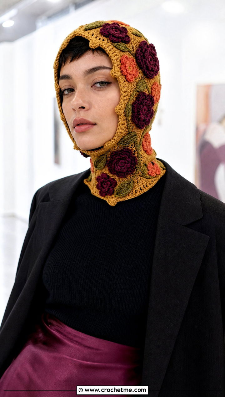 Floral Applique Crochet Balaclava Hat With Slip Skirt - 25 crochet balaclava hat outfit ideas
