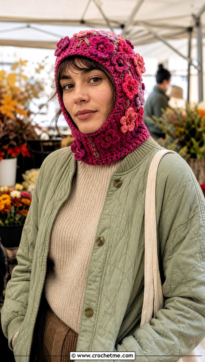 Floral Applique Crochet Balaclava With Quilted Jacket - 20 crochet balaclava ski mask outfit ideas