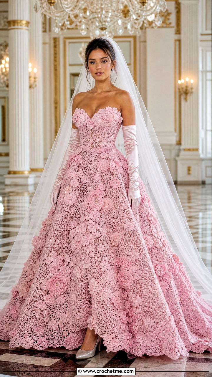 Floral Applique Crochet Ball Gown With Opera Gloves - 35 crochet wedding dress outfit ideas
