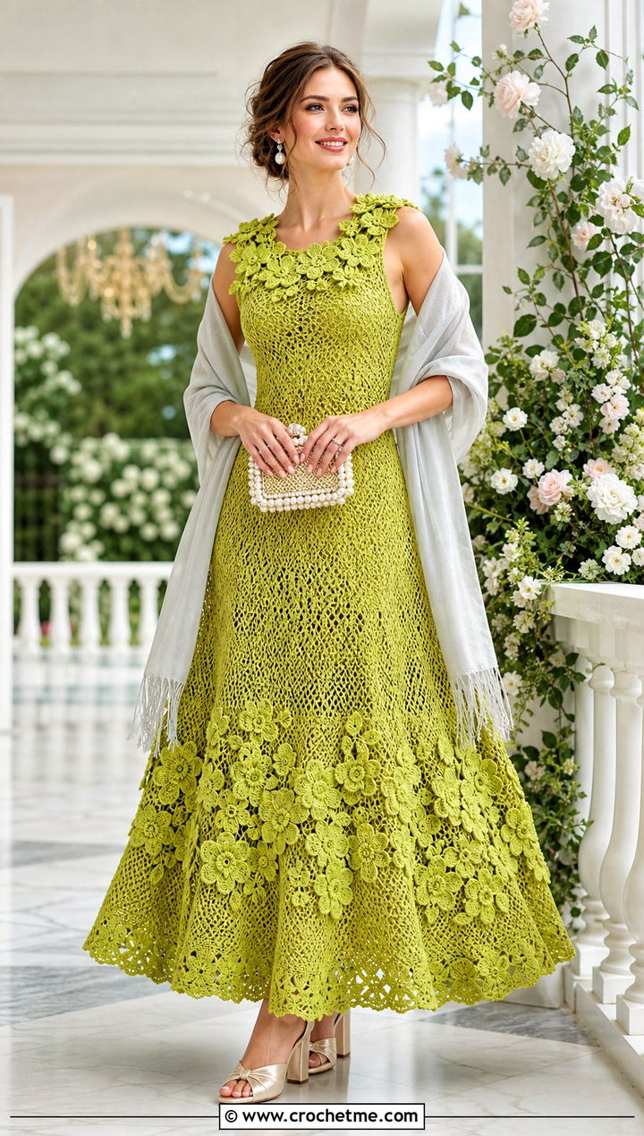 Floral Applique Crochet Ball Gown With Pearl Accessories - 20 Crochet Ball Gown outfit ideas