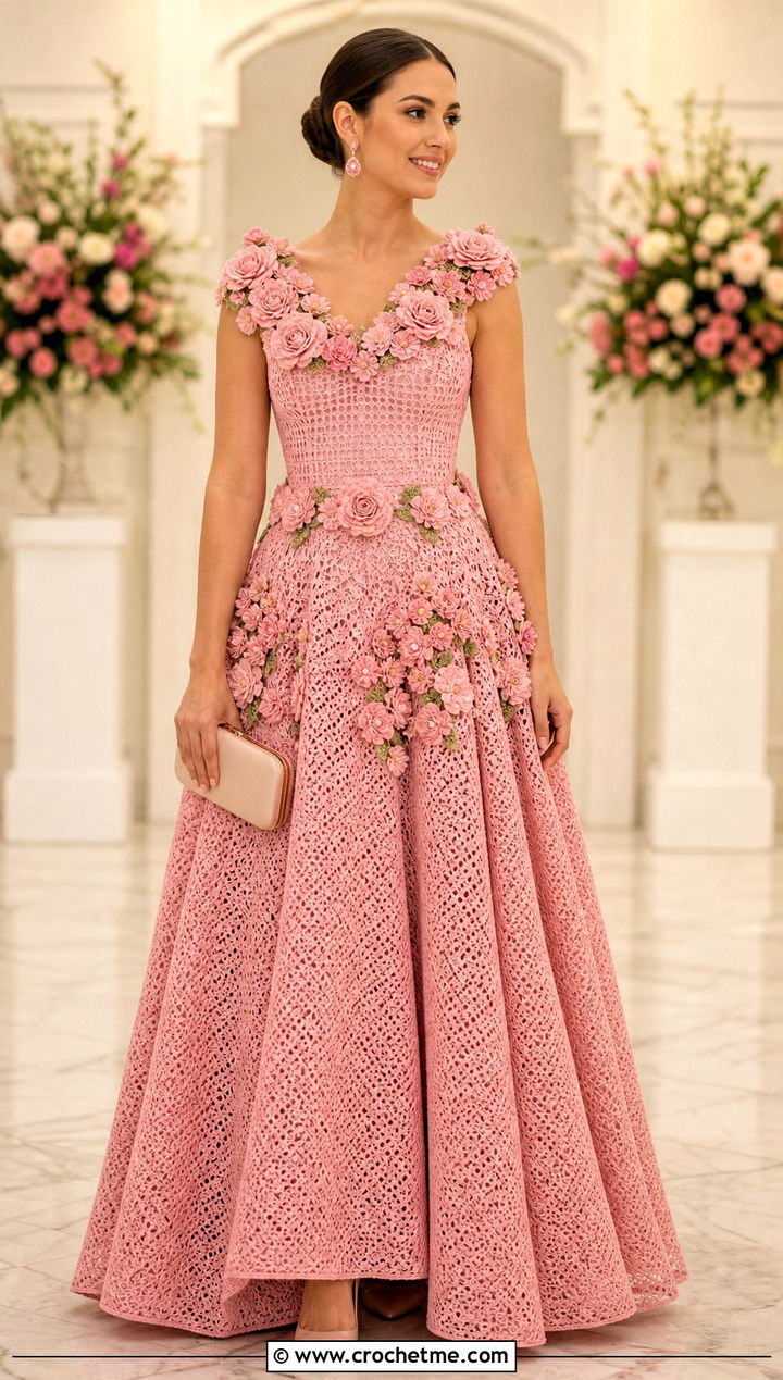 Floral Applique Crochet Ball Gown With Pointed Heels - 30 crochet ball gown dress outfit ideas