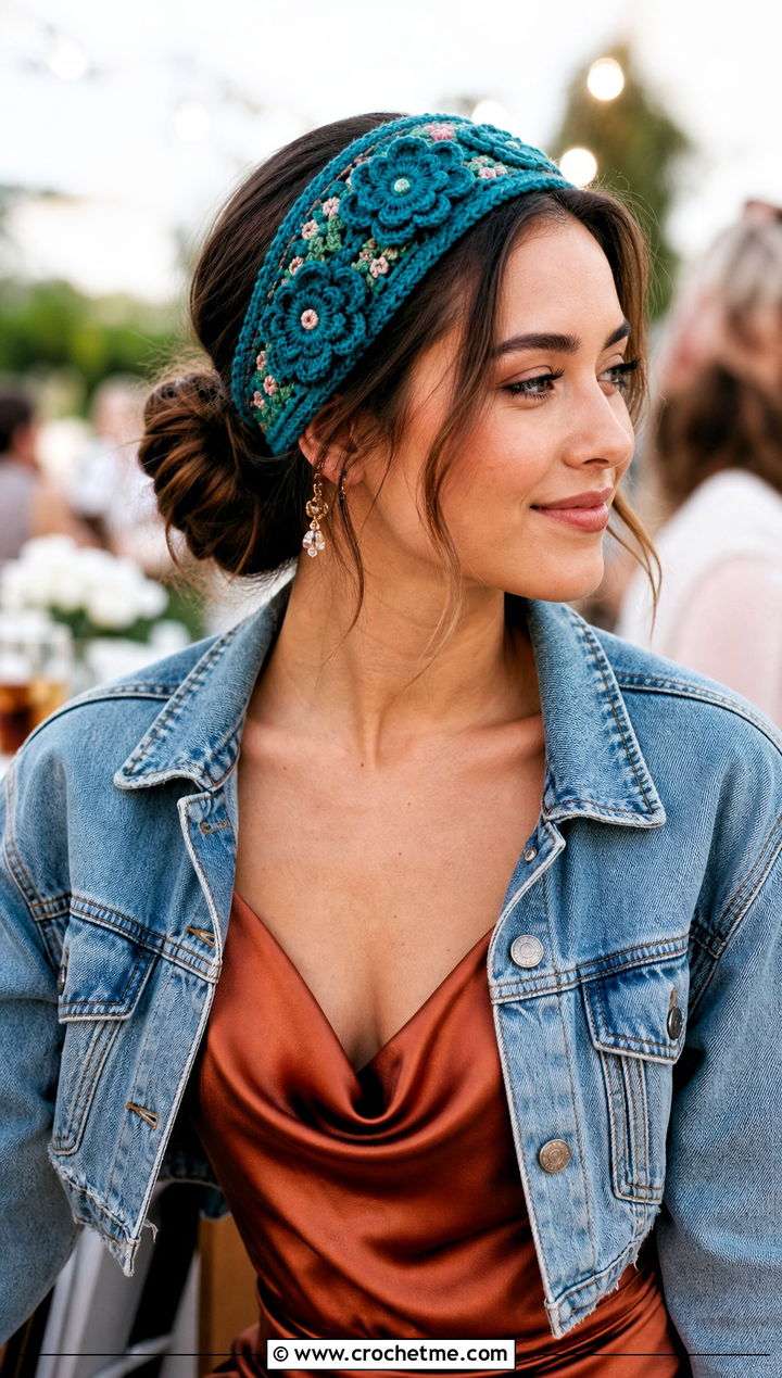 Floral Applique Crochet Bandana Headband With Slip Dress - 25 Crochet Bandana Headband outfit ideas
